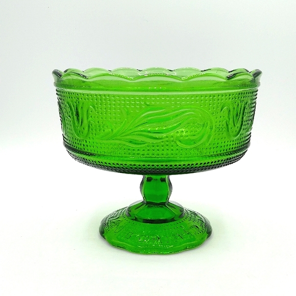 EO Brody Other - E.O. Brody Emerald Green Pressed Glass Scalloped Pedestal Bowl Vintage Compote